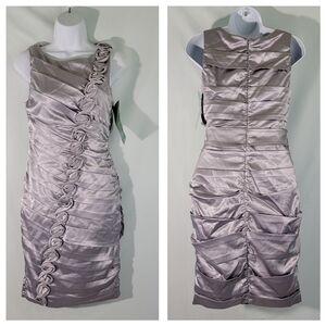 NWT Signature By Sangria Silver Modern Social Cocktail Dress Sz 4 Floral Appliqu